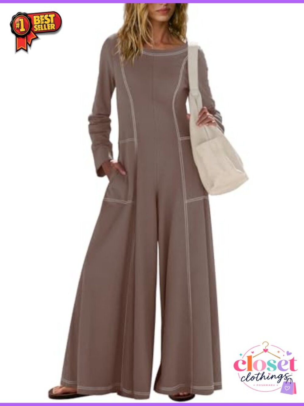 Womens Cotton Jersey Wide Leg Jumpsuit Long Sleeve Scoop Neck One Piece